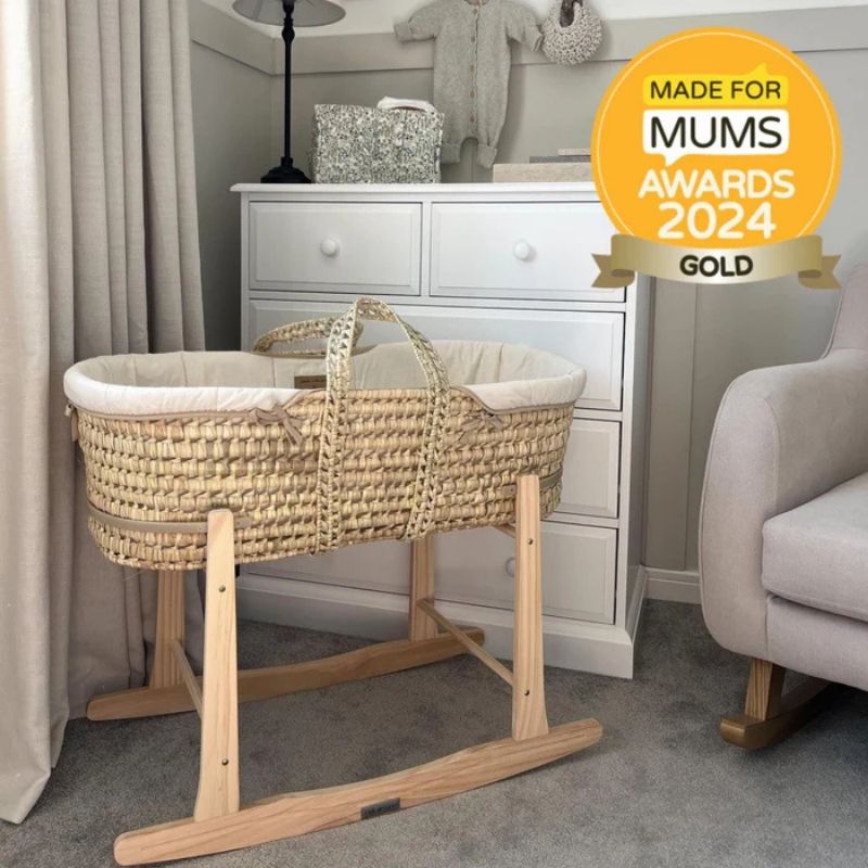 Clair De Lune Organic Palm Moses Basket With Rocking Stand Natural Cream