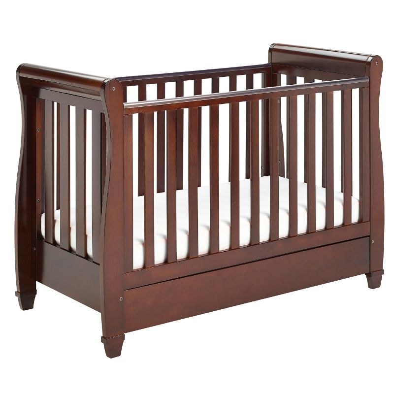 Babymore Eva Sleigh Mini Cot Bed Drop side with Drawer Brown