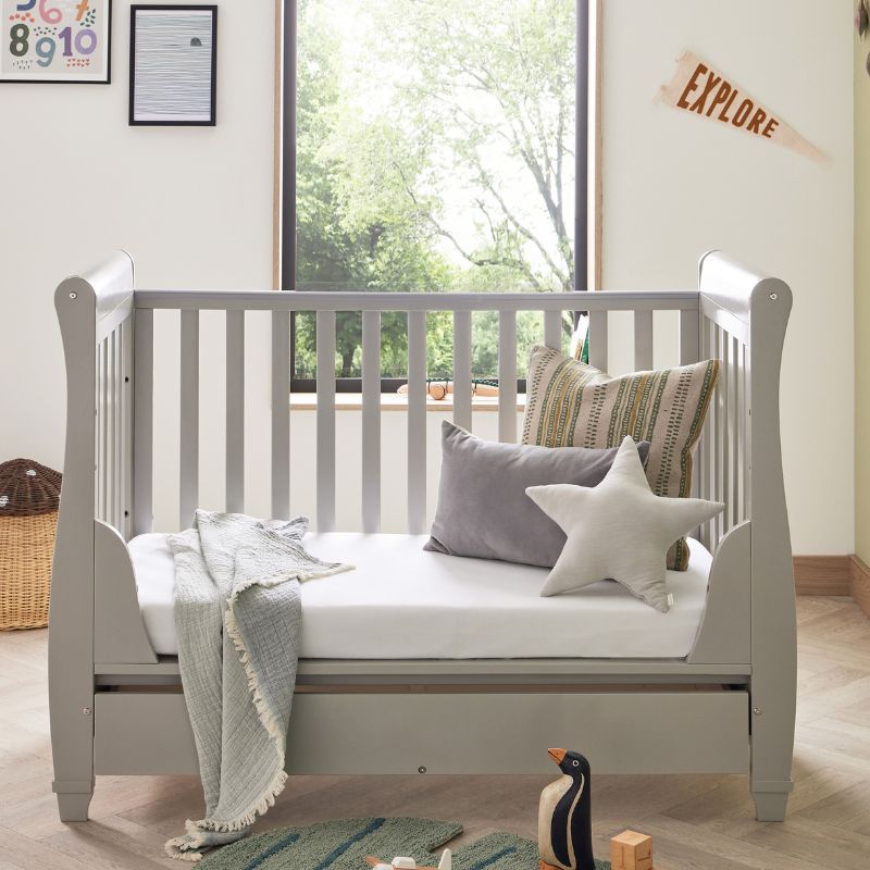 Babymore Eva Sleigh Mini Cot Bed Drop side with Drawer Grey