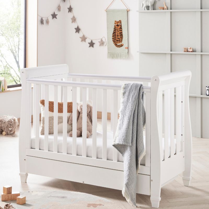 Babymore Eva Sleigh Mini Cot Bed Drop side with Drawer White