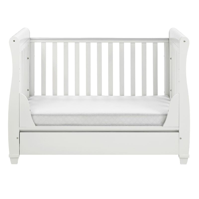 Babymore Eva Sleigh Mini Cot Bed Drop side with Drawer White