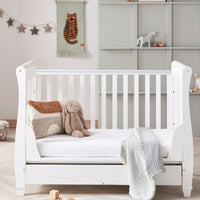 Thumbnail for Babymore Eva Sleigh Mini Cot Bed Drop side with Drawer White