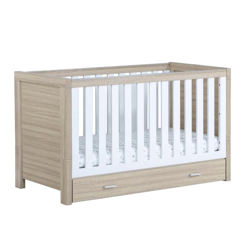 Babymore Luno Cot Bed Oak White + Under Drawer